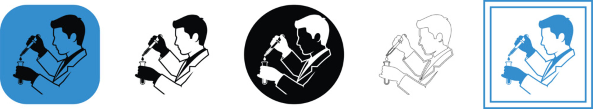 Vector graphic illustration of a scientist working with a microscope in various design styles and colored backgrounds and borders