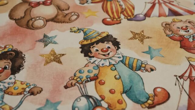 A seamless baby circus watercolor pattern fills a warm surface with vintage hand-painted carnival animals, clowns, and stars in a whimsical nursery print.