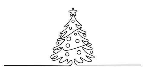 Minimalist one line art illustration of a festive christmas tree with ornaments and a star. © Jotish_Design Store