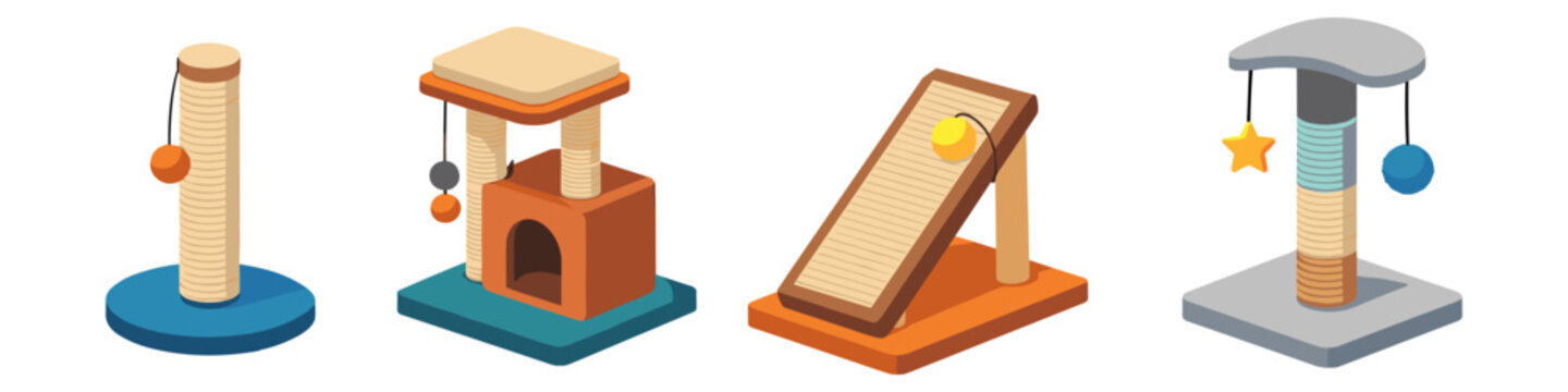 Collection of isometric cat scratching posts and trees with toys for feline entertainment