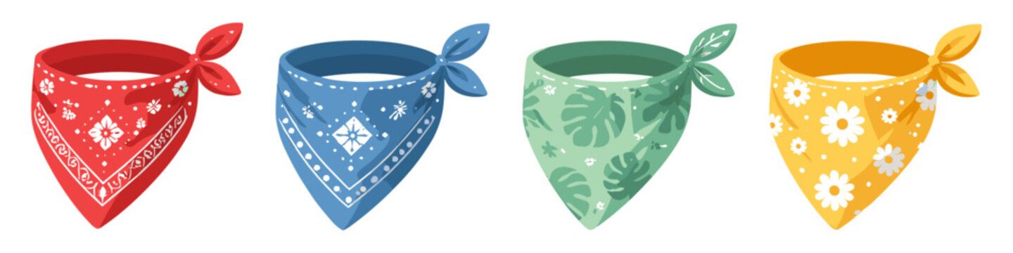Collection of four colorful bandanas with different patterns and designs