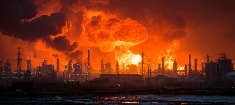 Huge fire broke at oil refinery plant and missile strike explosion. Industrial environmental pollution and toxic hazard. Generative video AI technology.	
