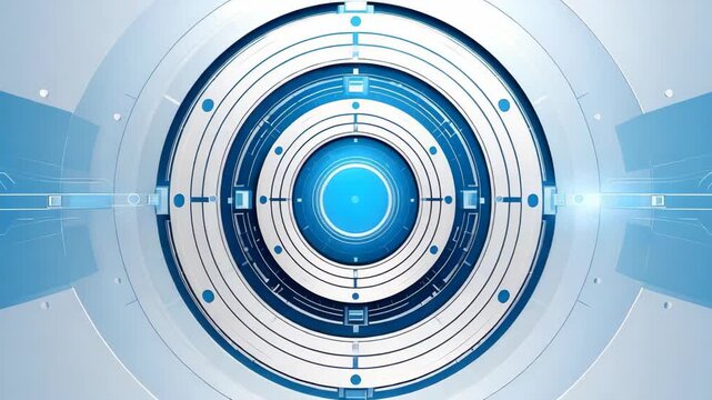Abstract blue and white futuristic circular interface with high tech digital elements and geometric patterns