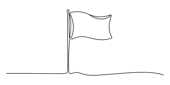 One line drawing of a flag waving on a pole, minimalist vector illustration for web design and icons.