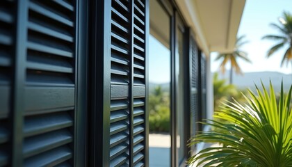 Fototapeta premium Modern black shutters on a tropical home exterior. Sunlight filters through louvers, revealing lush palm trees and distant mountains. Offers privacy and security.