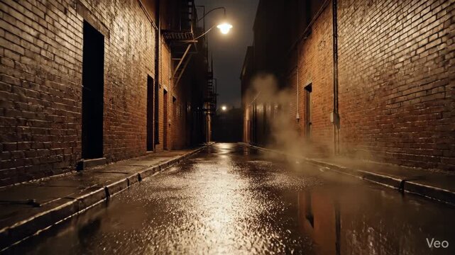 Video of urban alley glow with single lamp light casting moody ambiance, cinematic city night background and dramatic atmosphere concept.