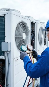 Technician checking HVAC system gauges on industrial air conditioning unit