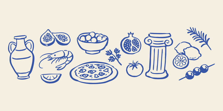 Mediterranean food elements set outline sketch vector illustration