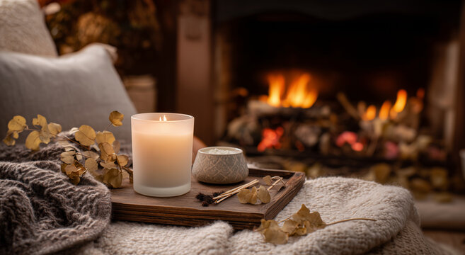 Cozy still life with lit candle, eucalyptus and knit blanket by fireplace; warm hygge aesthetic, ideal for home decor ads, spa branding, relaxation themes and lifestyle content