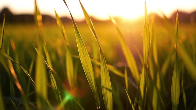 Cinematic Close-Up of Green Grass Swaying in Golden Sunset Light with Shallow Depth of Field 4K