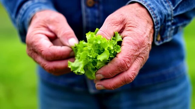 Close-up of weathered hands holding fresh lettuce