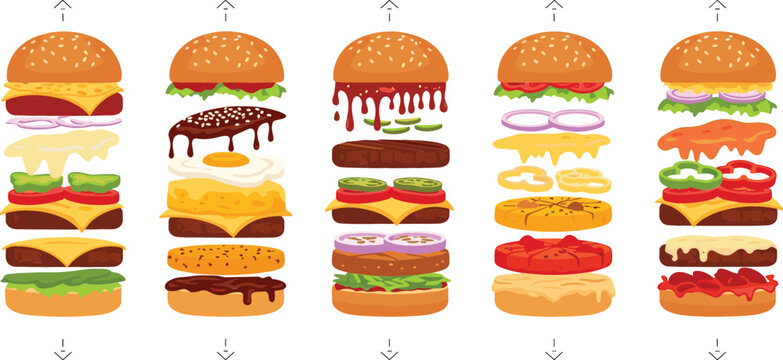 Burger Ingredients Assembly Set with Layered Hamburger Components Including Bun, Meat, Cheese, Vegetables and Sauces for Fast Food Design and Cooking Illustration