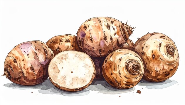 里芋のイラスト｜断面が見える丸い小芋を複数並べた水彩タッチの根菜食材素材