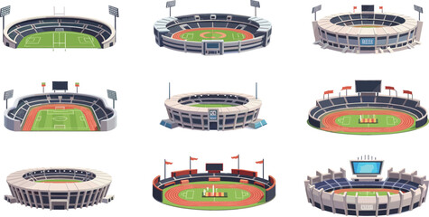Sports Stadium Icon Set with Football, Soccer and Athletics Arenas in Isometric Style for Game Design, Outdoor Events, Architecture and Sports Facility Illustration © MdShakib