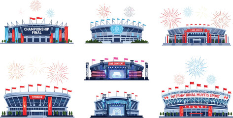 Sports Stadium Event Set with Championship Finals, Live Concerts and International Multi Sport Arenas Illustration with Fireworks for Entertainment and Celebration Design © MdShakib