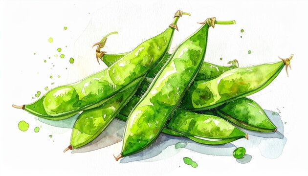 枝豆のイラスト｜産毛のついた鞘入りの枝豆を複数並べた水彩タッチの野菜食材素材