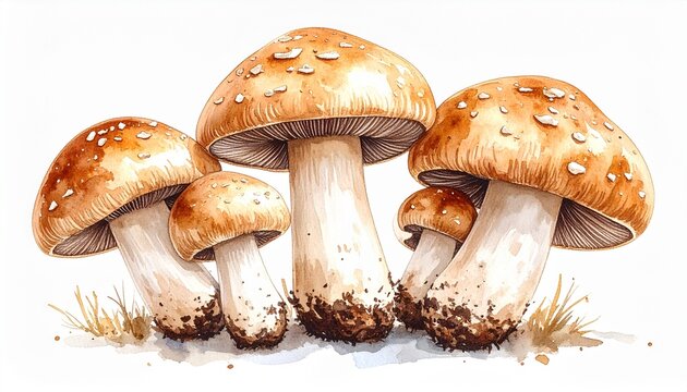 しいたけのイラスト｜傘のふっくらした椎茸を複数並べた水彩タッチのきのこ食材素材