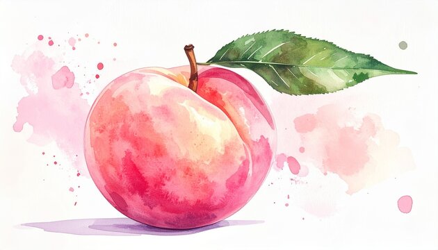 桃のイラスト｜葉付きでやわらかなピンク色の桃を水彩タッチで描いたフルーツ食材素材