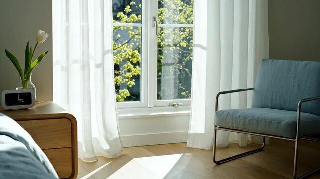 Video of minimal clock by open window on bright spring morning, sunlit interior lifestyle visual, calm awakening concept with fresh seasonal light and modern home styling.