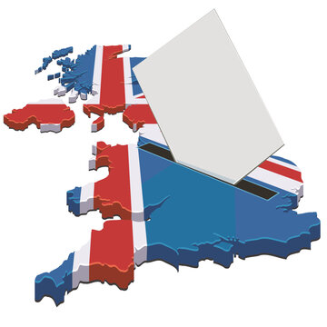 3D map of the United Kingdom with a ballot paper being inserted into a voting slot, representing British elections, democracy, and political decision making. (cut out)