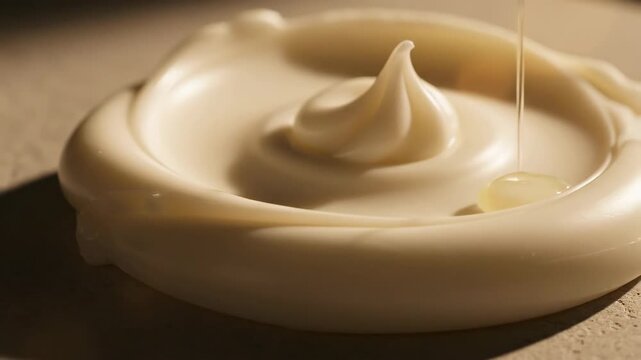 Close up view of organic shea butter with textured background showing soft waves in natural light, macro beauty composition of creamy ivory shea butter sculpted into gentle flowing swirls on a neutral