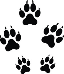 Fototapeta premium Five black animal paw prints arranged in a circle on a white background