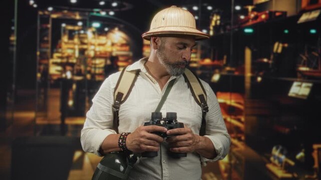Man holding binoculars and gripping backpack strap, wearing a pith helmet inside a museum building; adventure travel curiosity.