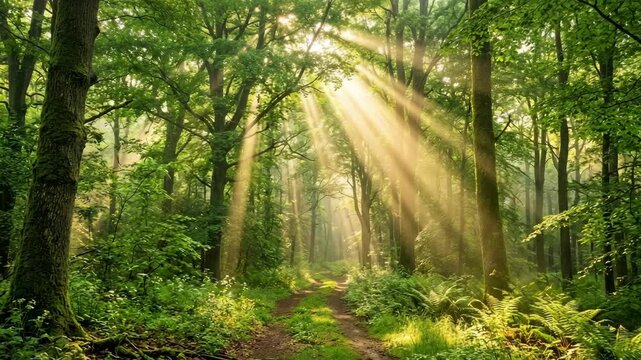 Sunbeams shining through tall green trees in a peaceful forest with a winding dirt path on a sunny morning