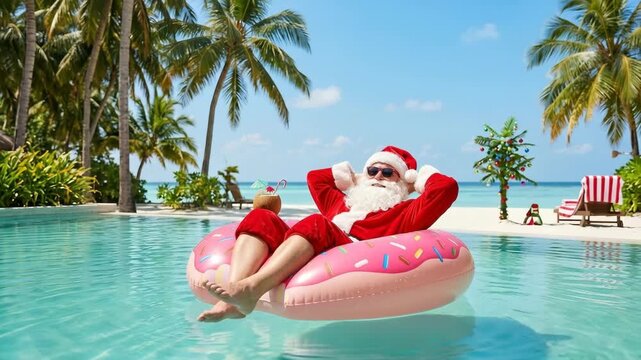 Santa Claus relaxing on a pink donut pool float in a tropical luxury resort swimming pool with palm trees