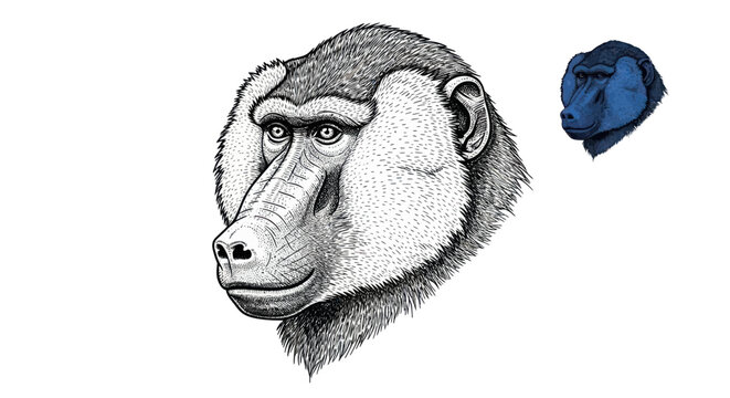 Detailed Ink Drawing of a Baboon's Face, White Background, Isolated