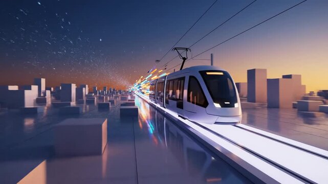 Abstract city tram mockup concept featuring a simplified tram form moving across a glowing linear path within a stylized urban grid environment, deep blue and amber gradient sky suggesting dusk,