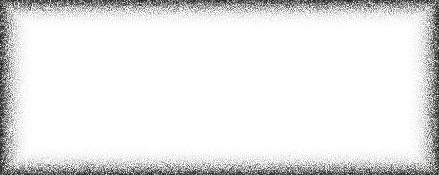 Black vignette gradient border with stipple texture. Realistic transparent overlay with gritty and noise. Grainy dotted texture background. Vector distressed retro movie or photo negative effect