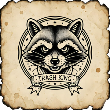 Raccoon face with angry expression on vintage paper background  Trash King logo
