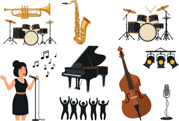 Collection of musical instruments and performers, including a grand piano, saxophone, trumpet, drum set, upright bass, microphone, and vocalists enjoying a concert © Chico Store