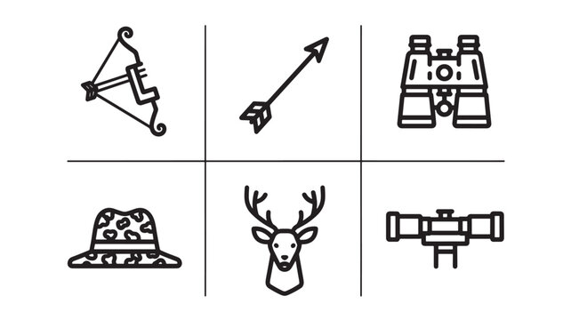 a set of black line art icons featuring hunting tools and wildlife on a white background, suitable for use in educational materials, marketing campaigns, or website graphics