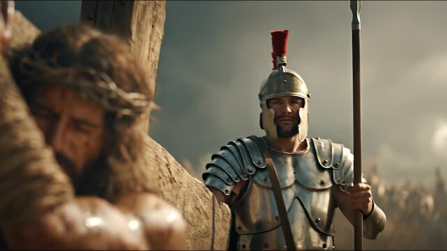 Jesus Christ carries the heavy wooden cross during the way of sorrow, observed by a roman soldier in armor. Religious scene for Good Friday and Easter tradition.