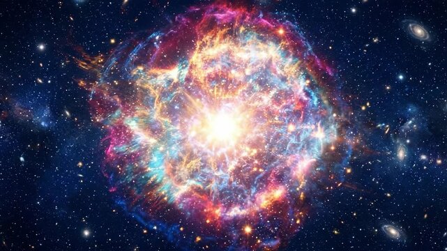 Cinematic explosion of a colorful supernova with vibrant gas clouds and distant stars in deep space