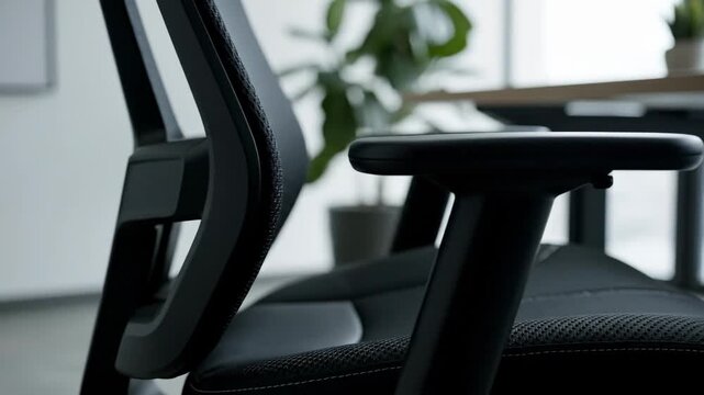 Video of office chair detail with modern ergonomic seat close up, contemporary workspace furniture, professional interior design concept, corporate comfort background for branding.
