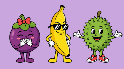 Naklejka premium Group of funny tropical fruit characters featuring cute mangosteen with bow cool banana wearing sunglasses and cheerful durian standing on purple background