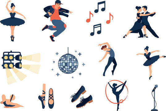Collection of diverse dance figures and musical elements, including ballerinas, hip-hop dancers, tango dancers, disco ball, stage lights, and microphone