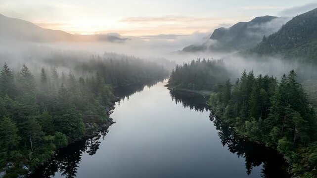 Aerial view of thick morning fog drifting through evergreen trees and a calm mirror lake at dawn