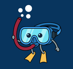 Cute scuba diving mask and snorkel character with flippers underwater adventure sticker design for summer vacation sea sport and ocean exploration theme. © QM