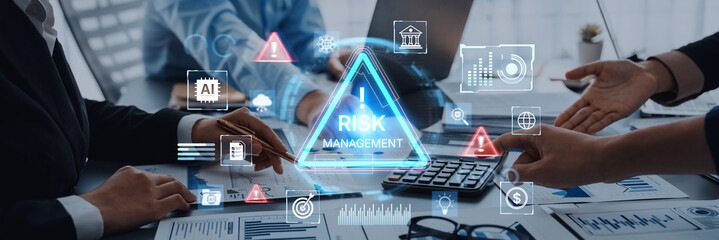 Futuristic risk management featuring AI agents analyzing data, detecting anomalies, and predict...