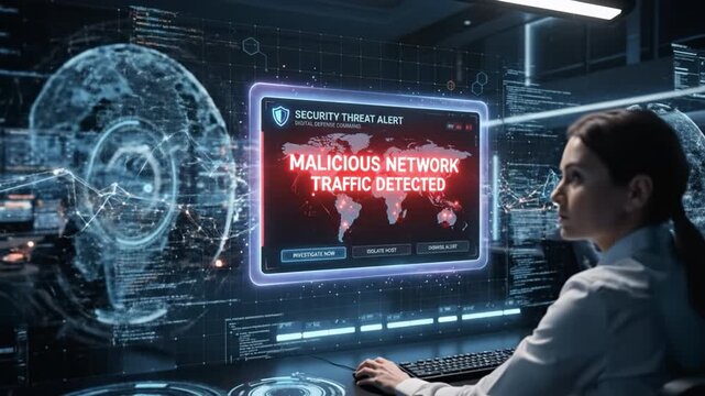 Malicious network alert on digital cybersecurity defense screen with urgent data security threat detection and advanced computer technology monitoring in futuristic control environment