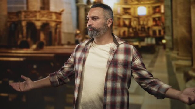 Man cupping hands around mouth shouting toward the nave in a church aisle beside wooden pews and stone pillars; anger protest.