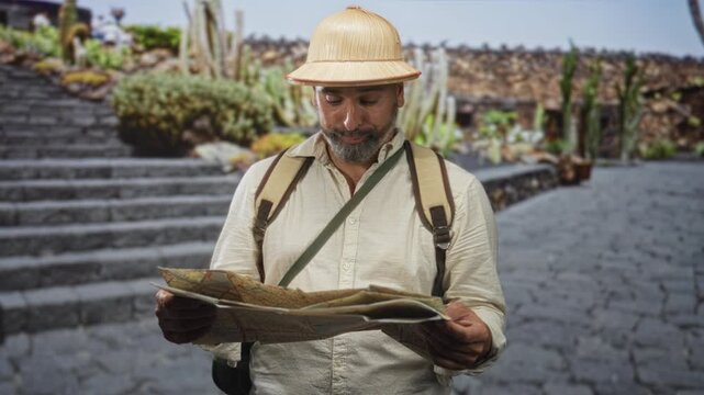 Man with backpack and pith helmet holding map on stone street steps near cactus garden; adventure travel curiosity.
