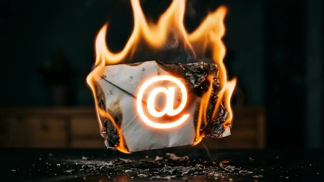 Glowing email symbol on a burning paper envelope representing a data security breach and cyber attack in a dark room