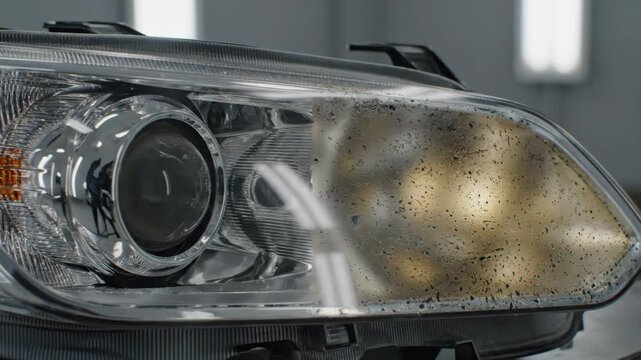 Video of Car Headlight Restoration Transition featuring dramatic clarity improvement and glossy shine for auto repair marketing and service promos; macro framing captures hazy oxidized lens gradually