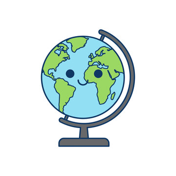 Friendly globe character with a cute smiling face on a stand in flat vector style for geography education, world travel, and global environment awareness