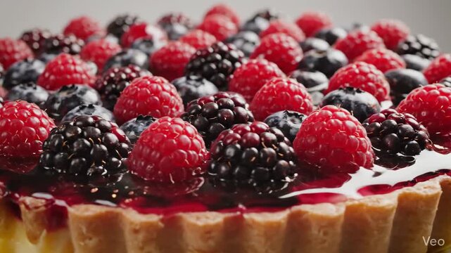 Video of glossy mixed berry tart surface in macro perspective, vibrant dessert background for restaurant promotion and social media food content.